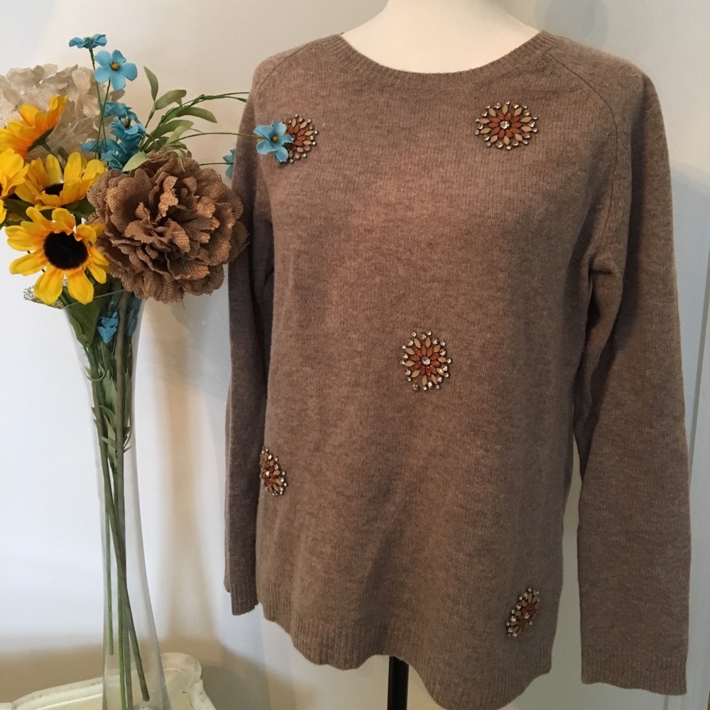 SOLDBrown Tweed like Sweater with Jeweled Details.
